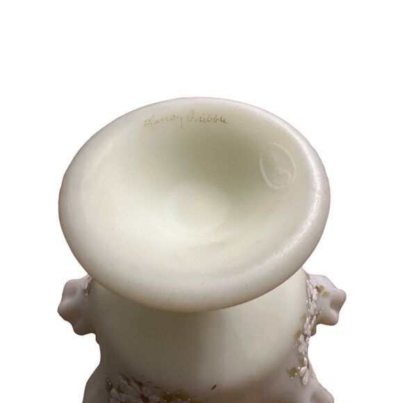 Vintage Fenton Custard Glass Ruffled Edge Hand Painted Floral Pedestal Bowl Sign - Picture 3 of 5